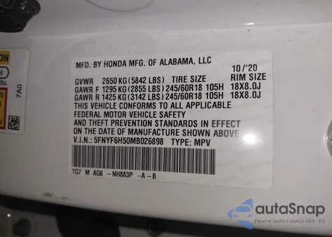 2021 Honda Pilot Awd Ex-L из США, поврежденный, VIN 5FNYF6H50MB026898